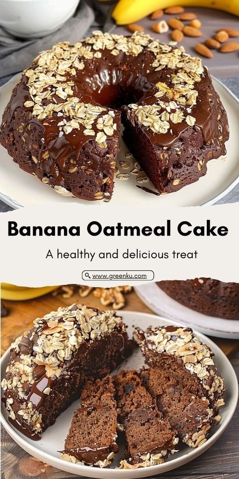 Banana Oatmeal Chocolate Cake with Walnuts Ingredients: 150g (5 ounces) oatmeal 150ml (5 fl oz) milk 2 eggs 2 bananas, mashed 1 teaspoon vanilla extract 20g (0.7 ounces) sugar-free cocoa powder 5g (0.18 ounces) baking powder 1 pinch of salt Vegetable oil for greasing 30g (1 ounce) walnuts, chopped 40g (1.4 ounces) sugar-free dark chocolate 20ml (0.8 fl oz) hot milk #Oatmeal #Cake Banana Cocoa Oatmeal Bake, Oatmeal Banana Cocoa Cake, Banana Oatmeal Cake Recipe, Oatmeal Chocolate Cake, Banana Walnut Cake, Oatmeal And Eggs, Milk Oatmeal, Kids Baking, Oatmeal Cake