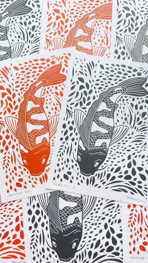 Koi Fish Linocut, Koi Linocut, Wood Printmaking, River Mural, Orange Koi Fish, Koi Fish Print, Orange Koi, Fish Prints, Lino Cuts