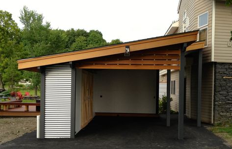 Moving Artwork, Modern Carport, Carport With Storage, Carport Ideas, Curved Pergola, Wooden Garage Doors, Carport Sheds, Shed Makeover, Sectional Garage Doors