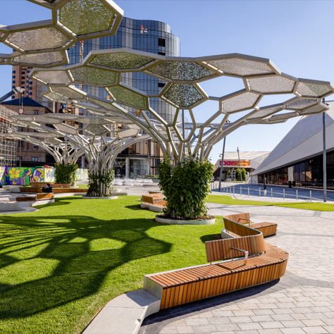 Adelaide Festival Plaza Arbours | Fleetwood Urban Park Plaza Design, Entry Plaza Design, Community Garden Design Architecture, Public Realm Design, Shopping Plaza Design, Public Plaza Design, Plaza Landscape Design, Small Park Design, Urban Plaza Design