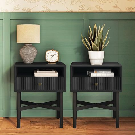 PRICES MAY VARY. Modern Nightstand Set - Add some flair to your space with Stead's Set of 2 Farmhouse Nightstands; whether you prefer a contemporary or traditional style, these end tables will effortlessly blend with your existing decor The Perfect Bedroom Piece - Place the small black nightstand set in your bedroom beside your bed or in your living room to hold and store books, glasses, magazines, keys, and more - ensuring your items are always within easy reach. Great for small, narrow spaces Fluted Nightstand, Fluted Side Table, Open Shelf Storage, Sliding Drawer, Nightstand Set, Mid Century Modern Nightstand, Small Nightstand, Black Nightstand, Nightstand Set Of 2