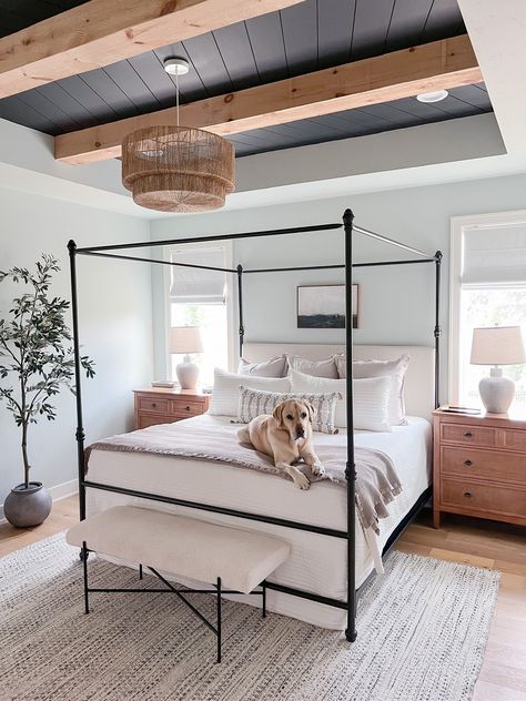 Primary Bedroom Ideas, Bedding Farmhouse, Guest Bedroom Bedding, Bedding Master, Farmhouse Guest Bedroom, Neutral Interior Design, Ranch Farmhouse, Metal Canopy Bed, Neutral Farmhouse