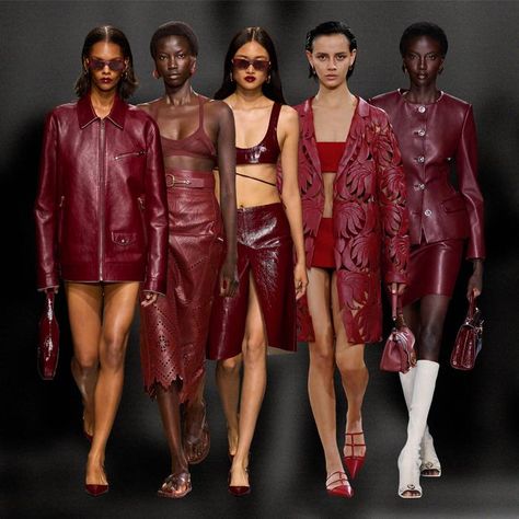 Burgundy Trend 2024, Oxblood Dress, Leather Dress Outfit, Burgundy Maxi Dress, Burgundy Outfit, Style Moodboard, Burgundy Fashion, Catwalk Collection, Monochrome Outfit