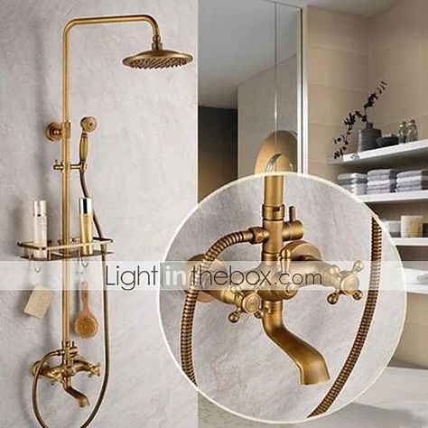 Antique Brass Shower System Set,Rainfall Two Handles Five Holes Ceramic Valve Bath Shower Mixer Taps with Cold and Hot Switch 2021 - US $265.99 Antique Brass Shower Fixtures, Brass Shower Fixtures, Outdoor Shower Fixtures, Standing Shower, Bathroom Shower Faucets, Porta Shampoo, Bath Shower Mixer Taps, Shower Fixtures, Brass Shower