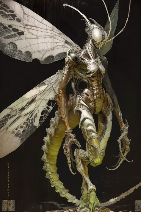 Giant Insects Fantasy Art, Insect Armor Concept Art, Biomechanical Character Design, Dragonfly Monster, Dragonfly Character Design, Insectoid Humanoid, Metamorphosis Aesthetic, Bug Alien, Insect Character