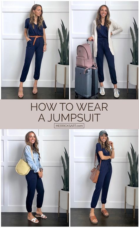 4 Cute Jumpsuit Outfits for Summer | Merrick's Art How To Dress Up A Jumpsuit, Shoes To Wear With Jumpsuit, Cute Jumpsuit Outfits, Blue Jumpsuits Outfit, Women Jumpsuit Outfits, How To Wear A Jumpsuit, Jumpsuit Outfit Casual, Wallpaper Preppy, Outfits Women Over 40