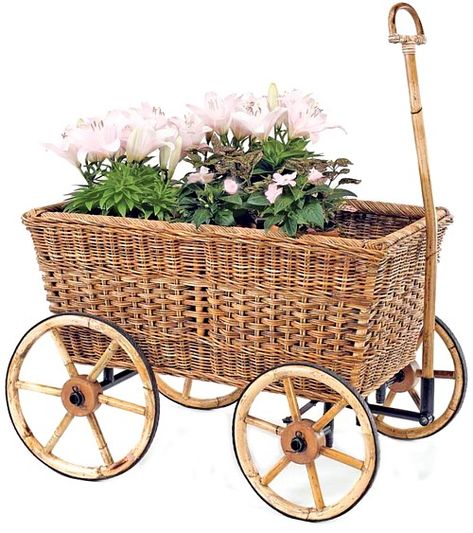 shabby chic wagon I need  Wagon Antique Teddy Bears, Garden Cart, Flower Cart, Bamboo Furniture, French Garden, Aesthetic Things, French Decor, Wicker Furniture, French Country Decorating