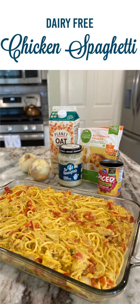 Chicken spaghetti made with a squash-based sauce and NO CHEESE! Paleo/Gluten free option as well! Dairy Free Chicken Spaghetti Recipe, Gluten Free Chicken Spaghetti, Vegan Chicken Spaghetti, Dairy Free Chicken Spaghetti, Vegan Shredded Cheese, Chicken Spaghetti Casserole, Frozen Butternut Squash, Chicken Spaghetti Recipes, Healthy Food Swaps