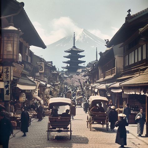 Historic Japanese Street: Bustling street scene in Japan with traditional rickshaws, quaint shops, and Mount Fuji in the distance. #japan #street #mount fuji #rickshaws #cultural #traditional #buildings #shops #aiart #aiphoto #stockcake https://ayr.app/l/z6Ba Shinto Aesthetic, Japan Culture Traditional, Japanese Buildings Traditional, 1920s Japan, Ancient Japanese Architecture, Japan Building, Historical Japan, Japanese Buildings, Japanese Town