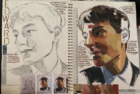 Portraiture Sketchbook Pages, A Level Art Portraiture Sketchbook Pages, Gcse Experimentation Page, A Level Art Experimentation Page, Sketchbook Ideas Portraits, Ao2 Gcse Art, Art College Portfolio, Gcse Portraiture Art Sketchbook, Gcse Art Experimentation Page