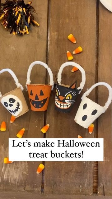 Abby • Itty Bitty Cottage on Instagram: "Let’s switch back to Fall/Halloween decor for a bit! Here’s a fun DIY to make for some Halloween fun! Peat Pot Treat Buckets! They’re super easy and fun! I used small peat pots for starting seeds. I painted them in the colors that I wanted. I made a black cat, a jack-o-lantern, a ghost, and a skeleton. I added pipe cleaner handles and filled them with candy corn! 💛🧡🤍 They’re the perfect treat for your kids, grandkids, neighborhood kids, adult kids, or Diy Halloween Bucket, Halloween Candy Bucket Ideas, Peat Pot Halloween Crafts, Diy Halloween Buckets, Jack O Lantern Diy, Halloween Diy Kids, Primitive Pumpkins, Diy Bucket, Bucket Ideas