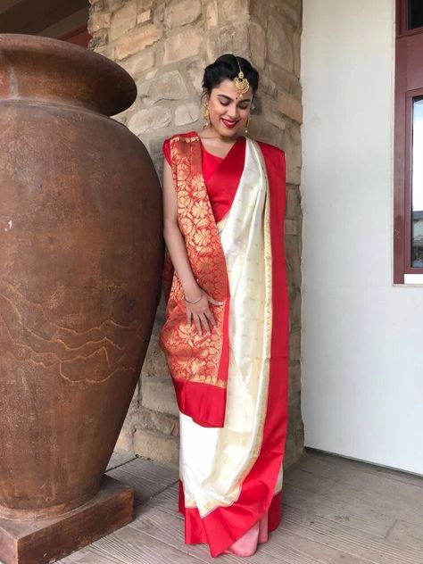 Red And White Saree, Bengali Saree, Saree Wearing Styles, Saree Wearing, Saree Draping Styles, Saree Draping, Draping Fashion, Bengali Wedding, Saree Poses