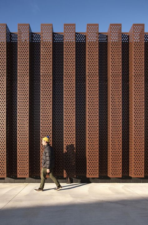 Custom copper perforated metal sheets/panels. The Treasury Research Centre & Archive / Architectus Expo Pavilion, Brick Window, Factory Facade, Industrial Facade, Render Architecture, Building Skin, Factory Architecture, Kentish Town, Metal Facade