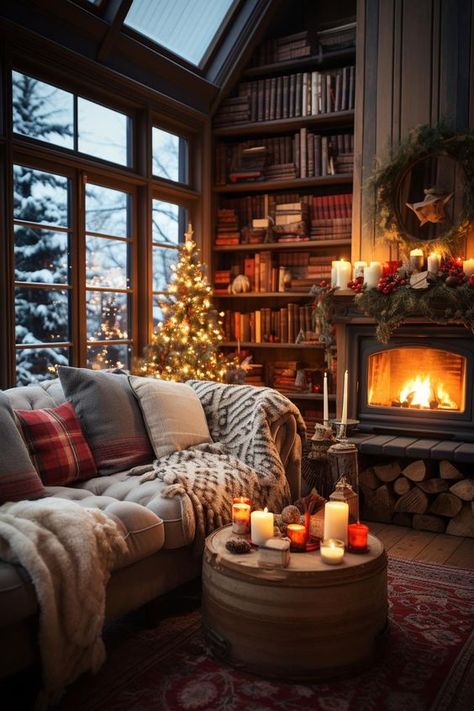 12 Tips For Making Your Home As Cozy As Possible This Winter - Decoholic Cozy Winter Cabin, Cozy Christmas Living Room, Winter Decorations Diy, Cabin Christmas, Christmas Room Decor, Christmas Living Rooms, Christmas Fireplace, Christmas Room, Winter House