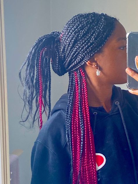 Peekaboo Box Braids Pink And Black, Peekaboo Box Braids Hairstyles, Peekaboo Purple Braids, Peek A Boo Box Braids Red, White Peekaboo Braids, Knotless Box Braids Peek A Boo Color, Braids With Color Underneath, Box Braids Hairstyles With Color, Box Braids Two Colors