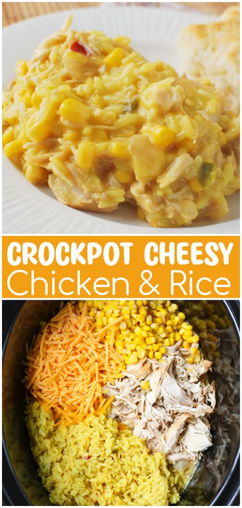 Slow Cooker Cheesy Chicken and Rice is total comfort food! Chicken, rice, and corn in a creamy cheesy sauce, cooked in the crockpot. Crockpot Cheesy Chicken And Rice, Crockpot Cheesy Chicken, Chicken And Rice Crockpot, Rice And Corn, Cheesy Chicken And Rice, Cheesy Chicken Rice, Easy Crockpot Dinners, Cheesy Sauce, Crockpot Dishes