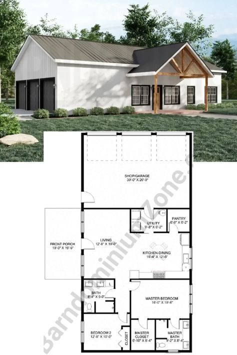 2-Bedroom The Nelmes Craftsman-Style Barndominium With 3-Car Garage & Workshop 2 Bedroom Barndominium With Garage, 2 Bed Barndominium Floor Plans, 1 Bedroom Barndominium Floor Plans, 1000 Sq Ft Barndominium, Cozy Front Porch, Small Barndominium Ideas, Cabin Build, Metal Building House Plans, Georgia House