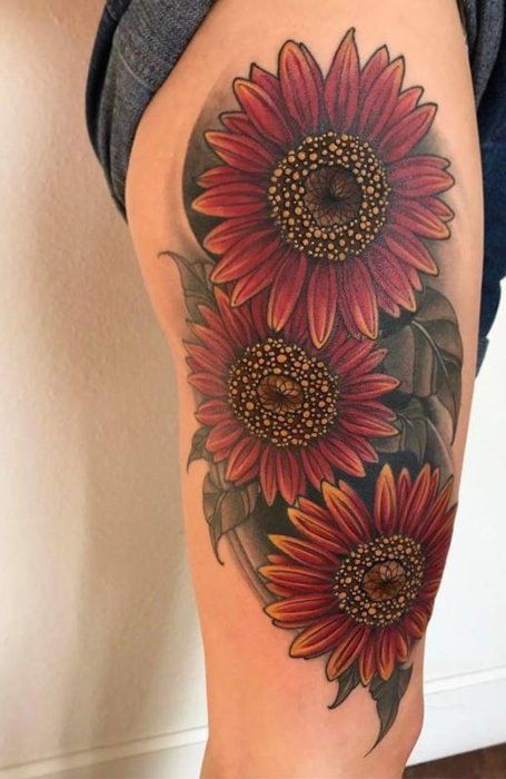 Red Sunflower Tattoo, Sunflower Mandala Tattoo, Sunflower Tattoo Thigh, Starfish Tattoo, Pumpkin Tattoo, Tattoos With Kids Names, Cool Arm Tattoos, Daisy Tattoo, Sunflower Tattoos