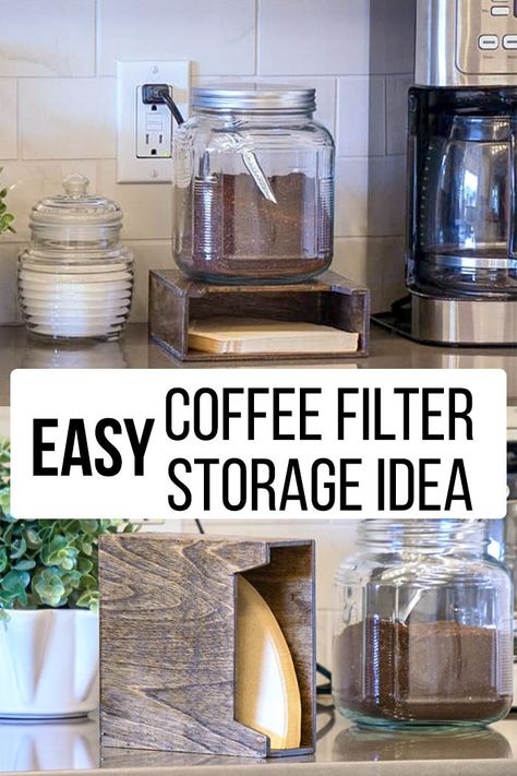 This is a great idea to store all those coffee filters that are always falling and making a mess! No more flimsy coffee filter boxes! See how to build this easy, quick project using scrap wood. #AnikasDIYLife #scrapwood #kitchenideas Coffee Filter Holder Diy, Coffee Filter Organization, Coffee Filter Storage Ideas Diy, Diy Coffee Filter Holder, Coffee Filter Holder Ideas, Coffee Storage Ideas, Coffee Filter Storage Ideas, Ground Coffee Storage, Coffee Filter Storage