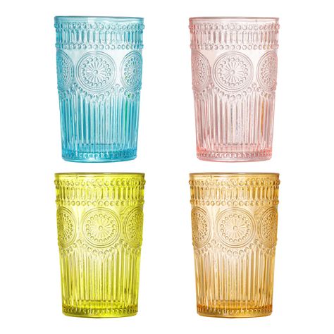 PRICES MAY VARY. VINTAGE CHARM: Add a touch of timeless elegance to your drinkware collection with these vintage drinking glasses. The colored glassware and delicate embossed design evoke a sense of nostalgia and sophistication, perfect for any occasion. VERSATILE USE: These drinking glasses hold 12 ounces of liquid and are perfect for enjoying coffee, tea, juice, wine, cocktails, and more. The multi-purpose design makes them ideal for both casual and formal settings, from daily use to special o Cups For Coffee, Glass Cup Set, Unique Glassware, Chill Drinks, Wedding Reception Table Decorations, Vintage Drinking Glasses, Colorful Dishes, Pink Glassware, Cocktail Shaker Set