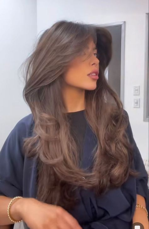 Gorgeous haircut Wispy Layered Hair Long, Long Haircuts Brown Hair, Long Layered Hair Butterfly Cut, Butterfly Haircut Dark Brown Hair, Macchiato Brown Hair Color, Butterfly Haircut Long Brown Hair, Long Mousy Brown Hair, Hilights On Brunette Hair, Vintage Brunette Hair