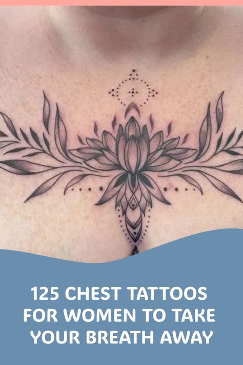 Experience the awe-inspiring beauty of chest tattoos for women! Delve into a world where art meets expression, with intricate designs and meaningful symbols adorning the chest. From delicate florals to bold statements, let these tattoos take your breath away and inspire your inner artist. Explore the limitless possibilities of self-expression on this captivating canvas. Black Female Chest Tattoo Ideas, Beautiful Chest Tattoo For Women, Ladies Chest Tattoo Ideas, Center Of Chest Tattoo Female, Female Chest Tattoo Ideas Middle, Watercolor Chest Tattoo, Breast Tattoos For Women Chest Piece, Feminine Chest Tattoo For Women, Women’s Chest Tattoo