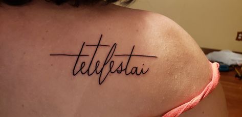 My "tetelestai" tattoo- cursive Greek translation of "It is finished" (Jesus' last words). 3 crosses, higher middle cross. Love it!!! Tetelestai Tattoo Greek, Tetelestai Tattoo Women, It Is Finished Tattoo, Tetelestai Tattoo, Agape Tattoo, Tattoo Cursive, 3 Crosses, Love Symbol Tattoos, Inspiring Quote Tattoos