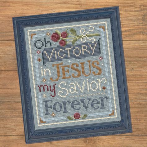 "Featuring the lyrics from the hymn Victory in Jesus, this cross stitch pattern is the first in a 12-part series: Songs and Scriptures by Sweet Wing Studio.  This listing is for an instantly downloadable PDF cross stitch pattern only, not a finished piece. No fabric, floss, or other materials are included with this purchase. ⭐️ Pattern Details: The stitch count is 61 w x 74 h. The suggested fabric is 32 ct Rain linen by Wichelt. If stitched on 16 ct Aida or 32 ct linen, the finished size will be approximately 3.8\" wide x 4.6\" high. 🧵 Floss Colors Used: 10 Classic Colorworks: CCT-101 Manor Red (DMC 3777) CCT-145 Old Oak Tree (DMC 783) CCT-175 Onion Skin (DMC 3864) CCT-187 Blacksmith Blue (DMC 3750) Gentle Arts: 7018 Woodrose (DMC 223) 7044 Dungarees (DMC 931) 7080 Endive (DMC 471) 0190 F Christian Cross Stitch Patterns Free, Lyrics Design, Victory In Jesus, Jesus Smiling, Christian Cross Stitch Patterns, Hymn Lyrics, Hymns Lyrics, Christian Cross Stitch, Old Oak Tree