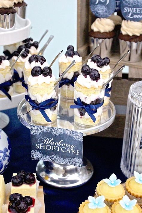 Shortcake Shooters, White Dessert Tables, Blueberry Shortcake, Dessert Shooters, Asian Dessert, White Desserts, Blue Desserts, Shower Desserts, Wedding Dessert Table