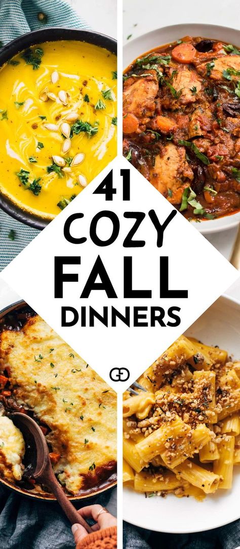 From pumpkin to carrots, from fall soups to comforting pasta, these incredibly easy fall dinner ideas are ready in no time and will warm up your evenings. The perfect fall recipes for a cozy night in! #falldinnerrecipes #fall #fallrecipes #falldinnerideas #fallsoups #dinner #dinnerrecipes Autumn Food Recipes, Cozy Fall Dinner, Healthy Fall Dinner, Fall Dinner Ideas, Easy Fall Dinners, Cozy Fall Recipes, Comfort Pasta, Fall Fun Food, Autumn Food