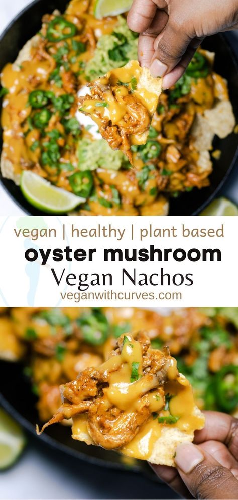 Vegan Oyster Mushroom Nachos are a great plant based version of fajita nachos! This easy nacho dip recipe is healthy and fully plant based. The oyster mushrooms have a meaty chicken texture making these nachos fajita style. Plus the cheese sauce is nut free and gluten free! In just 30 minutes, you will have a vegan appetizer sure to be a major hit! Vegan Garlic Potatoes, Vegan Oyster Mushroom Tacos, Healthy Vegan Nachos, Vegan Nachos Plant Based, Fajita Mushroom Recipe, Easy Vegan Gluten Free Meals, Oyster Mushroom Nachos, Gyro Egg Rolls, Vegan Recipes Oyster Mushrooms