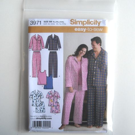 Simplicity Pattern 3971 Plus Size XL - XXXL Easy To Sew Misses Womens Mens Pajamas Plus Size Pyjamas, Unisex Pajamas, Pajama Pattern, Plus Size Sewing, Plus Size Sleepwear, Plus Size Pajamas, Mens Pajamas Set, Easy To Sew, Knit Tank Top