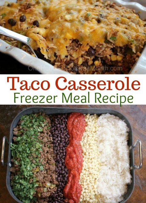 Ground Beef Freezer Meal - Taco Casserole - One Hundred Dollars a Month Taco Casserole Crockpot, Freezer Casseroles, Beef Freezer Meals, Casserole Crockpot, Freezer Dinners, Budget Freezer Meals, Freezer Friendly Meals, Freezable Meals, Freezer Meal Planning