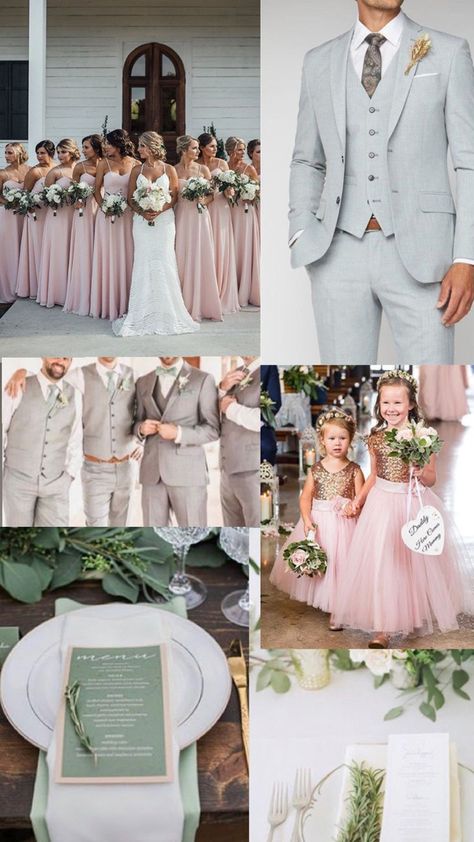 Dusty Rose And Sage Green Fall Wedding, Mint Green And Dusty Pink Wedding, Rose Pink And Sage Green Wedding, Blush And Grey Wedding Decorations, Rose And Sage Green Wedding, Blush Wedding Decorations Rustic, Light Pink And Khaki Wedding, Sage Blush Pink Wedding, Sage Green And Rose Gold Bridesmaid Dresses