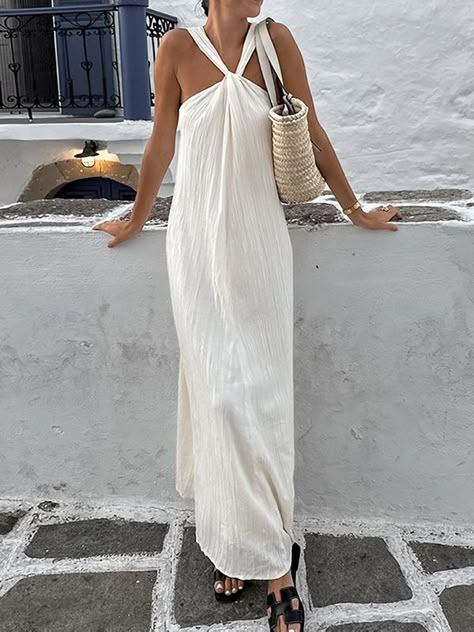 Loose Sleeveless Pleated Solid Color Spaghetti-Neck Maxi Dresses BEIGE-S Beige Dress Outfit, Beige Outfit, Italy Outfits, Beige Dresses, Yes To The Dress, Mini Dress Casual, Long Summer Dresses, Casual Office, Boho Casual