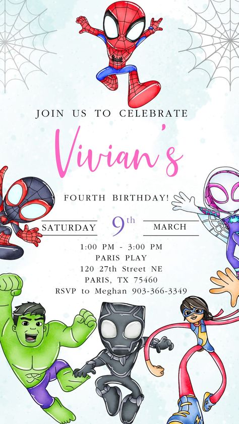 Marvel Spidey And His Amazing Friends Birthday Invitation, Spidey Birthday Invitations, Spidey Party Ideas, Spiderman Party Invitations, Spiderman 3rd Birthday Party, Spidey And Friends Party, Spider-man Birthday, Spidey And Friends Birthday Party, Spidey And His Amazing Friends Birthday