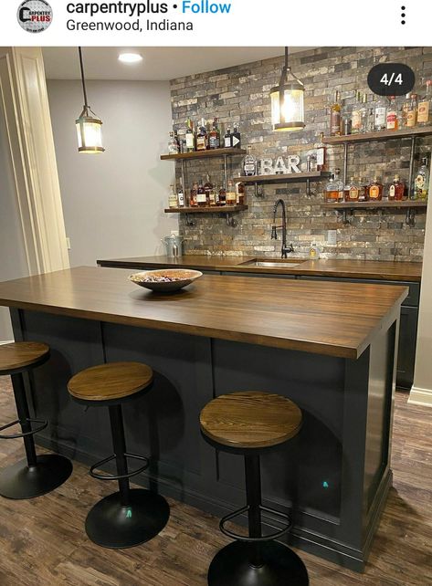 Old Basement Bar Makeover, Brick Accent Wall Basement Bar, Small Narrow Basement, Basement Bar Lights, Cozy Rustic Home Aesthetic, Basement Bar Layout, Basement Bar Counter, Rustic Game Room Ideas, Basement Small Bar Ideas