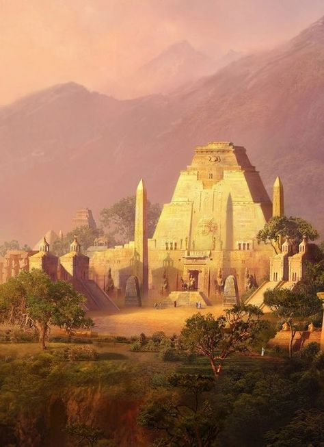 Rather fanciful painting of an Aztec temple with Egyptian-style obelisks. Sphinx Mythology, Aztec Temple, Egiptul Antic, Desert Scene, Fantasy City, Fantasy Castle, Biome, Fantasy Setting, Fantasy Places