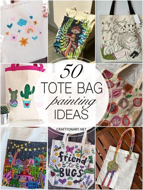 50 Tote bag painting ideas - Craftionary Shopping Bag Painting Ideas, Paint Tote Bags Ideas, Painting On Canvas Tote Bags, Totes Bag Design Ideas, Painting Canvas Tote Bags, Painting A Canvas Bag, Decorating Canvas Bags, Diy Canvas Bag Paint, Paint On Canvas Bag