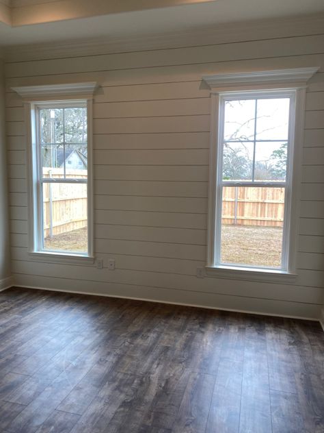 Shiplap Bedroom Wall With Windows, Sunroom With Shiplap Walls, Shiplap Kitchen Accent Wall, Shiplap Wall With Windows, Shiplap Around Windows, Accent Wall Around Window, Accent Wall In Master, Stained Shiplap, Shiplap Bedroom