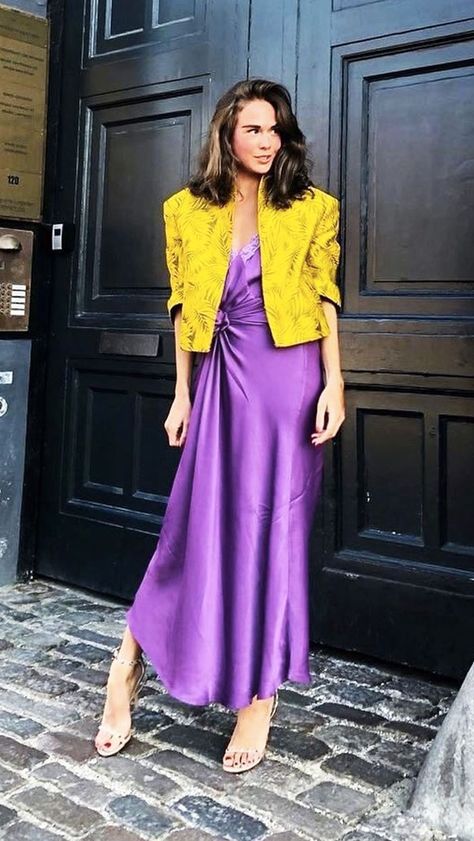 These 14 Yolo Outfits Have Inspired Me to Break More Fashion Rules How To Style A Purple Dress, Colour Contrast Fashion, Yellow Contrast Color Dress, Yellow Purple Outfit, Purple Contrast Color Combinations Dress, Yellow Color Combinations Outfits, Complimentary Colors Outfits, Purple Yellow Outfit, Yellow And Purple Outfit