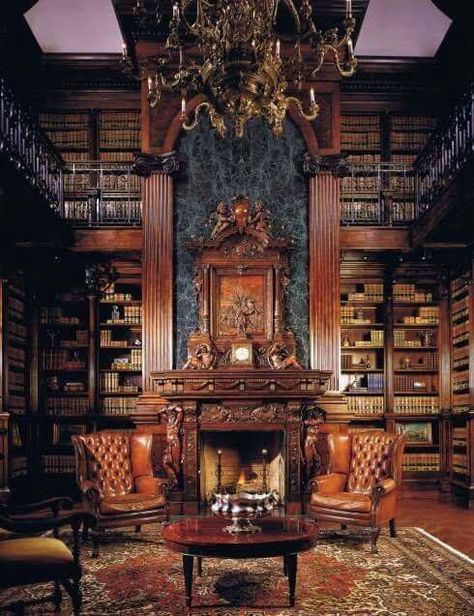 Cozy libraries with fireplaces that would keep you warm all winter long. Join me on my blog Slateknight.com where I learn languages from books! Manor Library, Library With Fireplace, Library Fireplace, Victorian Library, Cozy Library, Harrison Design, Dream Library, Beautiful Library, Library Room