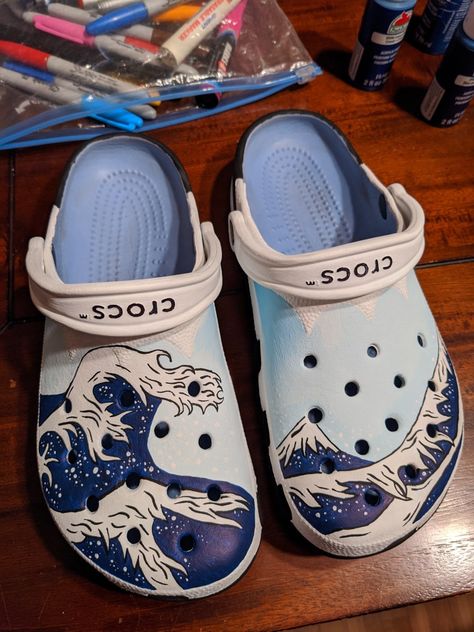 #paint #crocs #waves #artwork Decorate Crocs, Crocs Diy, Cool Crocs, Crocs Aesthetic, Painted Shoes Diy, Custom Sneakers Diy, Crocs Fashion, Custom Shoes Diy, All Nike Shoes