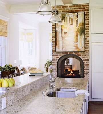 Kitchen Fireplace, two sided from family room to the kitchen would be ideal in dream home. #Better Homes and Gardens Dream Home Fireplace Two Sided, Two Sided Fireplace, Double Sided Fireplace, Small Fireplace, Kitchen Fireplace, Home Fireplace, Fireplace Ideas, Living Room Remodel, Fireplace Design