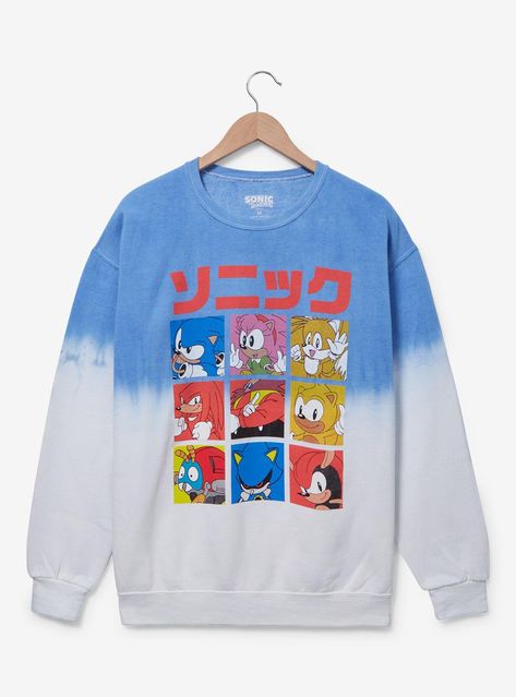 Bring the speed to your wardrobe with this Sonic the Hedgehog-inspired crewneck! Featuring portraits of Sonic  Knuckles  Tails  and more beneath Japanese lettering  this sweatshirt includes a split dye background  perfect for fans of the games.Please note: due to the nature of tie-dye  wash may vary.A BoxLunch Exclusive!50% cotton; 50% polyesterListed in unisex sizesWash cold with like colors; dry lowDo not iron over printImported Sonic Clothes, Sonic Y2k, Sonic Knuckles Tails, Sonic Merch, Kid Core Outfits, Hedgehog Character, Japanese Lettering, Sonic Knuckles, Vaporwave Fashion