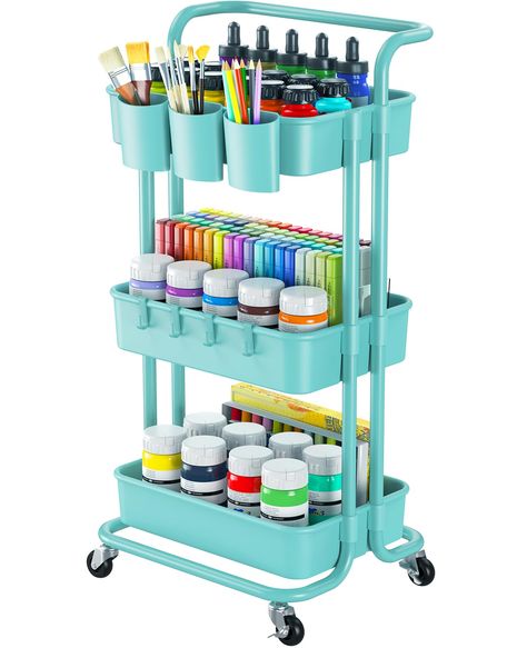 PRICES MAY VARY. Strong & Stable Frame: The Pipishell rolling cart is constructed of 30% thicker plastic baskets and a sturdy metal frame to easily hold up to 22 lbs without warping. This storage utility cart is perfect for heavy items including paints, art supplies, bottled drinks, books, and cosmetics. Expand Storage Space: This rolling storage cart is the perfect solution for limited storage space. The utility cart with wheels has three baskets with enough clearance between tiers for easy acc Rolling Cart Organization, Rolling Craft Cart, Upcycled Storage, Hanging Cups, Bottled Drinks, Cart Organizer, Cleaning Cart, Upcycle Storage, Storage Utility