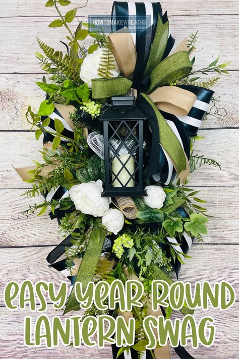 Lantern Swags Tutorial, Spring Lantern Decor, Spring Wreaths For Front Door Diy, Cute Lantern, Diy Swag, Spring Swag, Spring Lantern, Front Door Swag, Fall Lantern