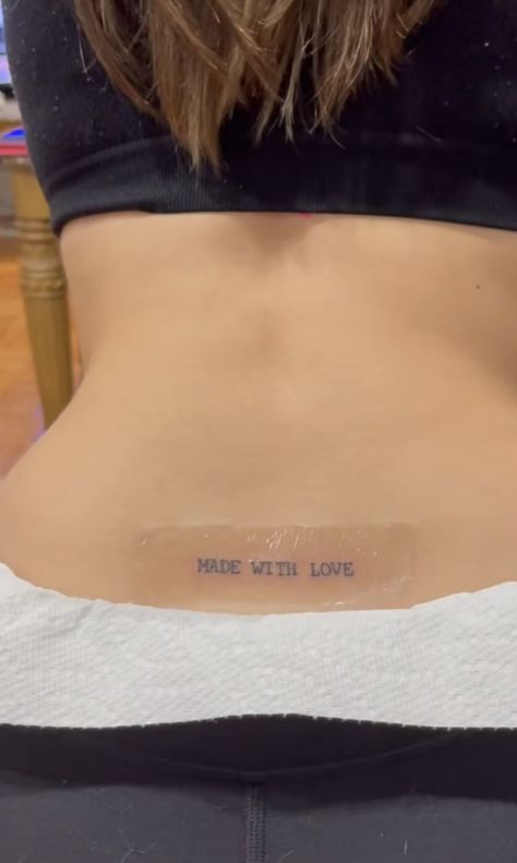 Made With Love Tramp Stamp, Tran Stamp Tattoo, Funny Tramp Stamp Tattoos, Tramp Stamp Dainty, Tiny Tramp Stamp, Made With Love Tattoo, Simple Tramp Stamp Tattoos, Pretty Tramp Stamp Tattoos, With Love Tattoo