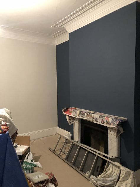 Dark Chimney Feature Wall, Navy Chimney Wall, Navy Living Room Panelling, Small Navy Living Room, Dark Grey Feature Wall Living Room, Dark Blue Living Room Accent Wall, Navy Panelling Living Room, Navy Blue Feature Wall Living Room, Dark Blue Living Room Color Scheme