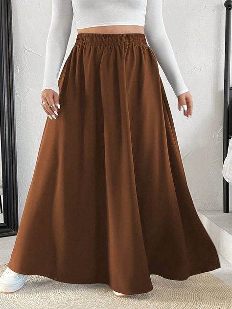 Plus Size Elastic Waist Super A-Line Skirt Brown Casual   Woven Fabric Plain Flared Non-Stretch  Women Plus Clothing, size features are:Bust: ,Length: ,Sleeve Length: Long Skirts Plus Size, Flare Skirt Outfit, Plain Skirt, Skirts Long, Rock Outfit, Full Length Skirts, Brown Outfit, Winter Skirt, Plus Size Skirts